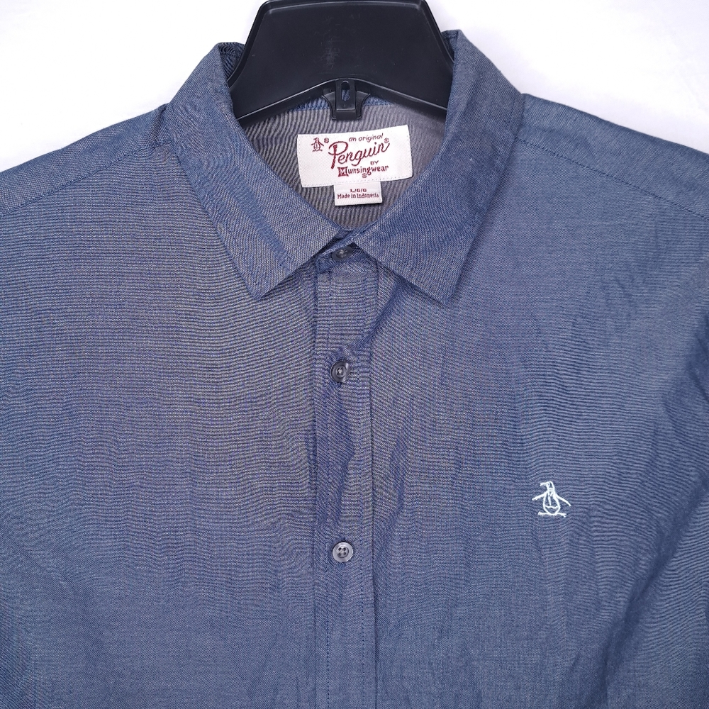 PENGUIN by MUNSINGWEAR Mens Dark Blue Classic Fit Dress Shirt LARGE